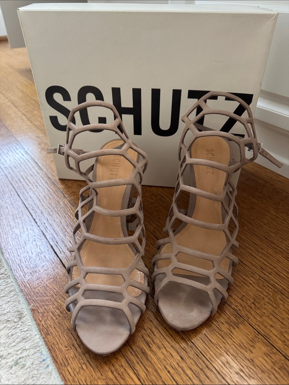 SCHUTZ Taupe Cage Strappy Heeled Sandals